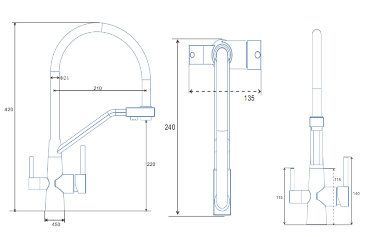 3-way tap WS3-123 E stainless steel flexible hose