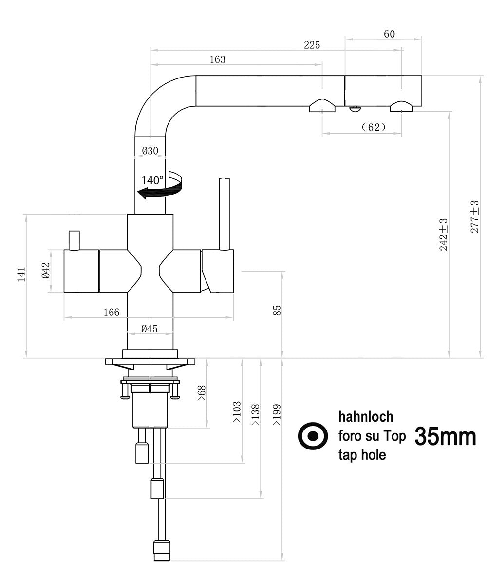 3-Wegehahn WS3-124 E edelstahl ausziehbar matt