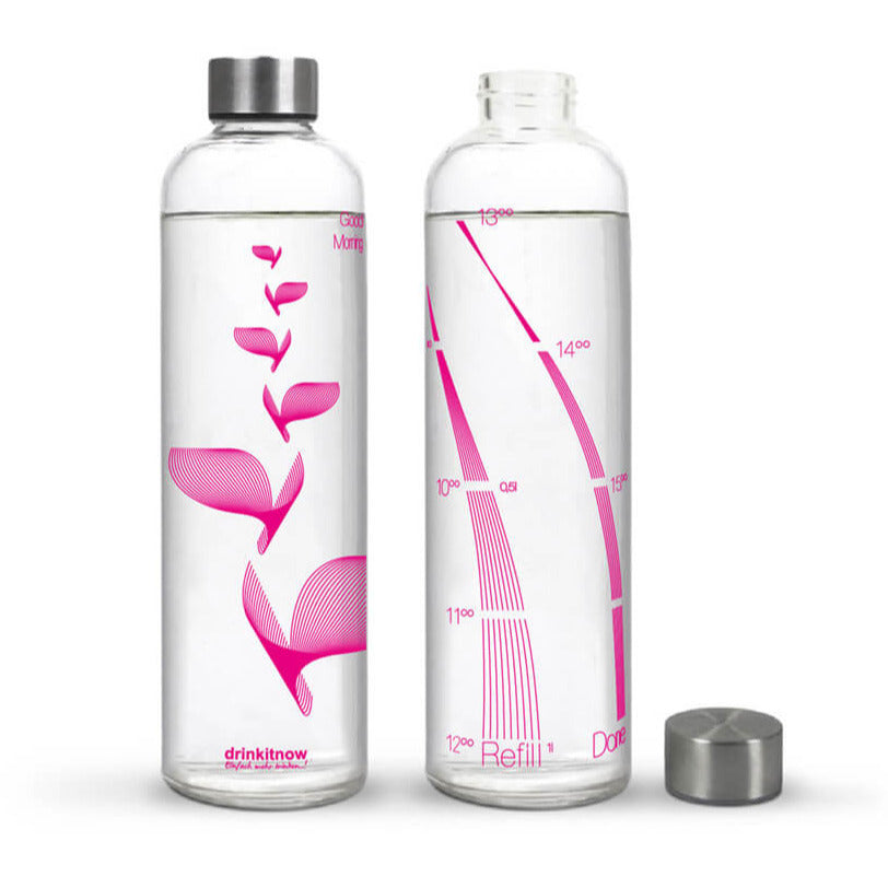 DrinkIt Now Flipper Pink, Animierende Wasserflasche mit Deckel aus Edelstahl. 1 Liter Füllmenge, Skala von 8.00 bis 18.00 Uhr. Dekor pink