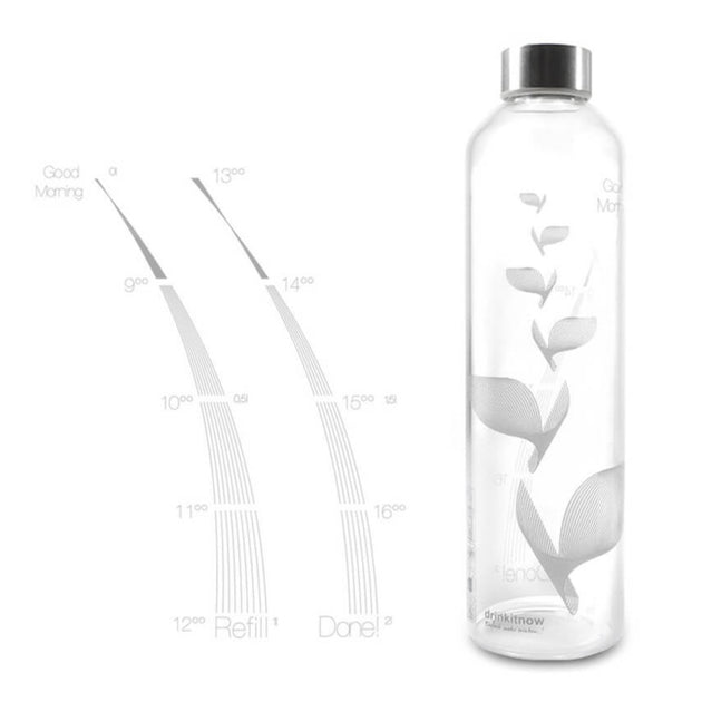 DrinkIt Now Flipper weiss, Animierende Wasserflasche mit Deckel aus Edelstahl. 1 Liter Füllmenge, Skala von 8.00 bis 18.00 Uhr. Dekor  weiß